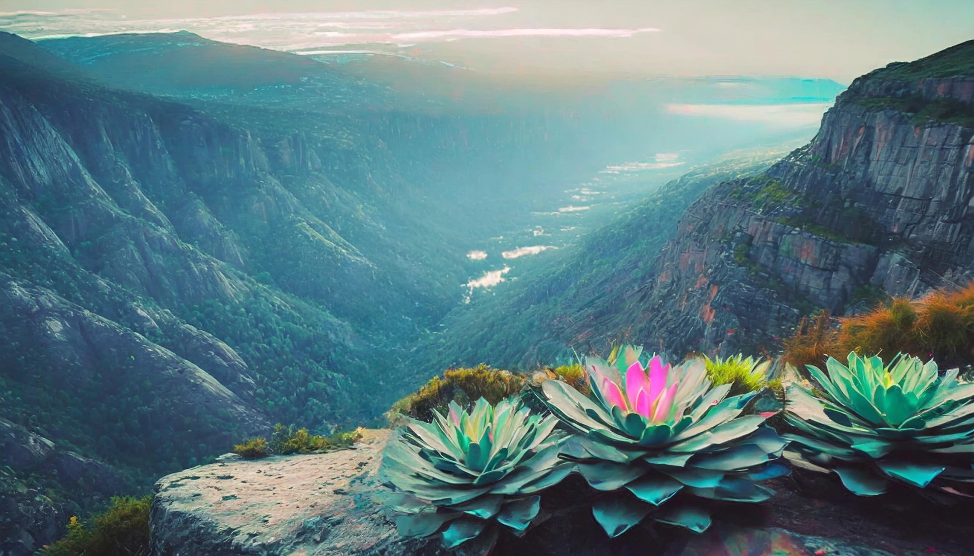 Watercolor lotus blooms overlooking a misty mountain valley