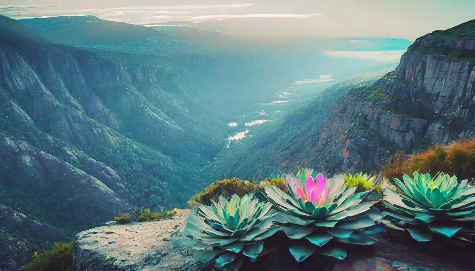 Watercolor lotus blooms overlooking a misty mountain valley